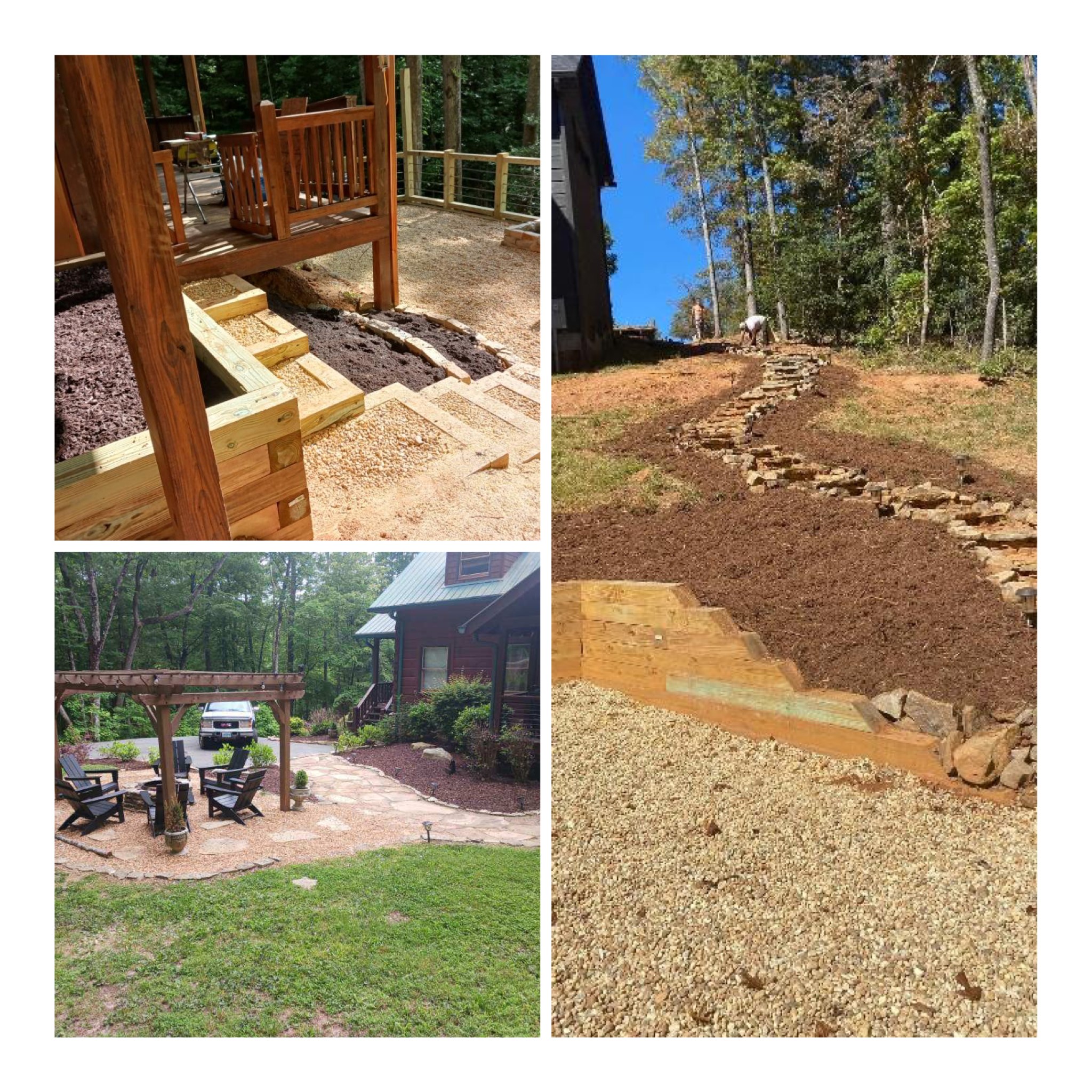 three photo collage of long rock steps, wood timber steps, and rock walkway and rock patio as well as timber walls in some of the projects also, 3 example blue ridge georgia landscaping projects from blue bird nursery and landscaping business