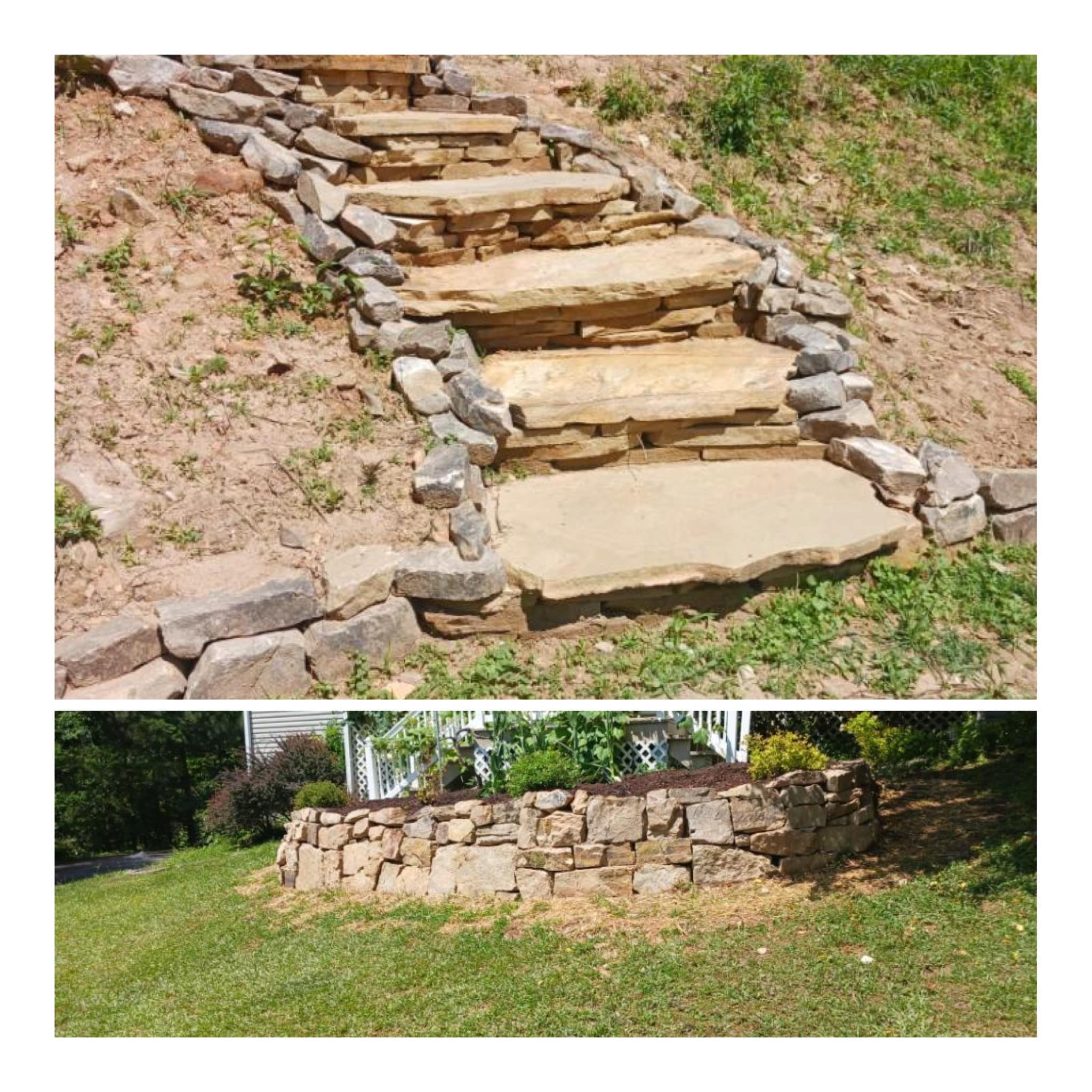 blue ridge georgia landscaping example project of rock steps on top and rock wall image on bottom completed june 2nd 2023 in blue ridge georgia by blue bird landscaping company